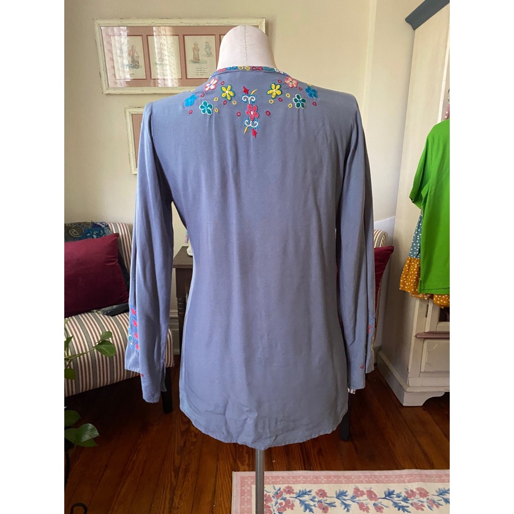 Luv 2‎ Luv Womens XL Blue Floral Embroidered Boho Tunic Top Long Sleeve Tie Neck - Picture 7 of 9